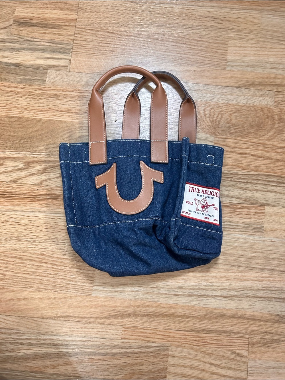 True Religion Denim Mini Messenger with Tan Leather Handles